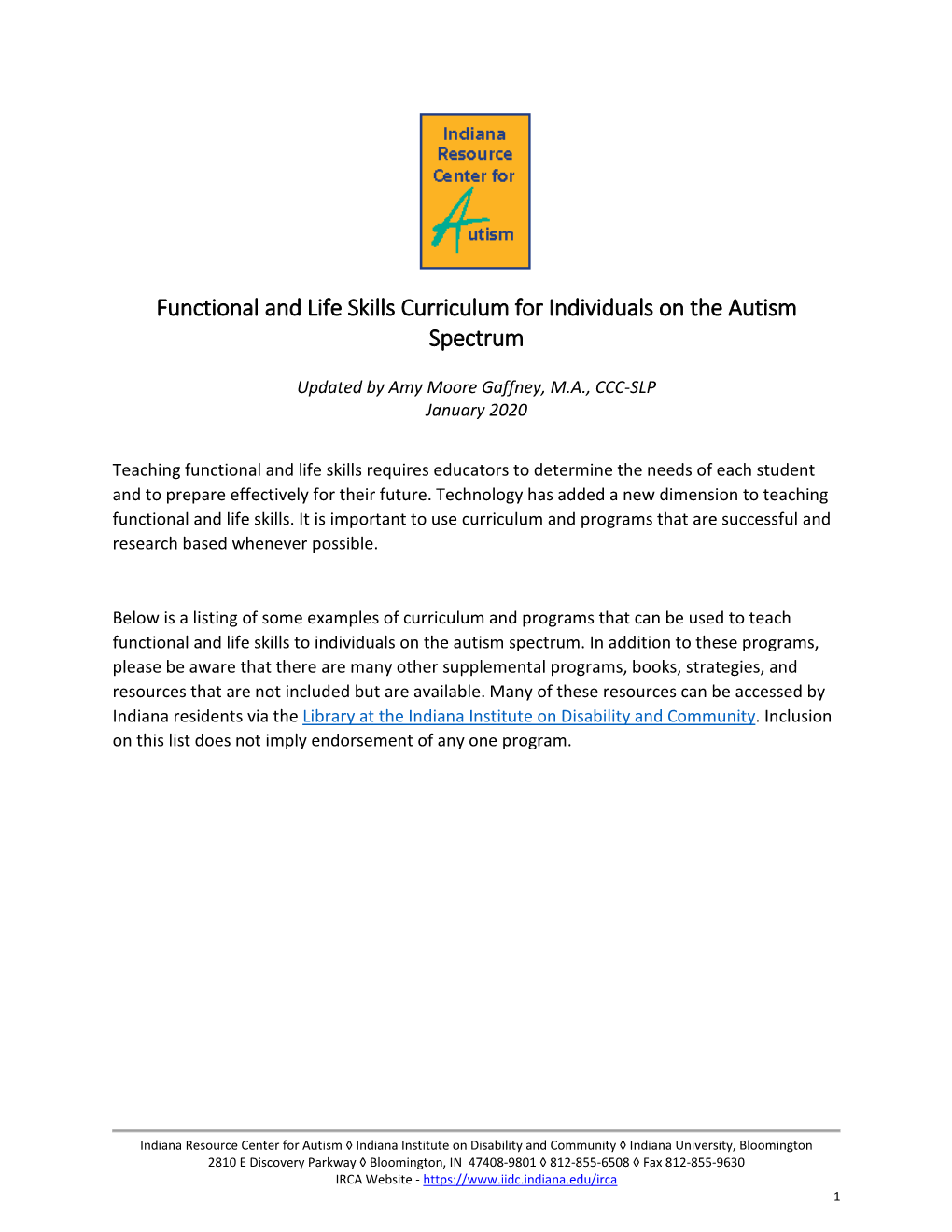 Functional and Life Skills Curriculum for Individuals on the Autism Spectrum