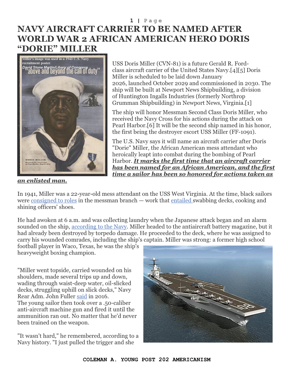Navy Aircraft Carrier to Be Named After World War 2 African American Hero Doris “Dorie” Miller