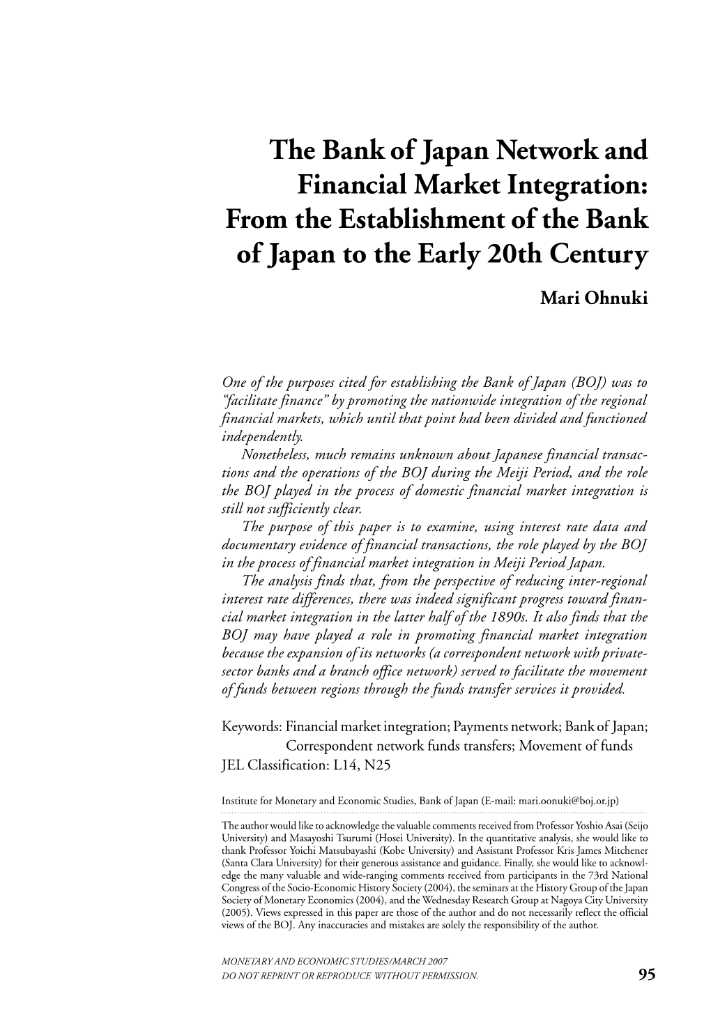 The Bank of Japan Network and Financial Market Integration: from the Establishment of the Bank of Japan to the Early 20Th Century