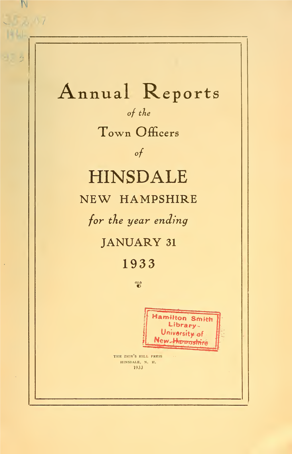 Annual Reports of the Town Officers of Hinsdale, N.H., for the Year