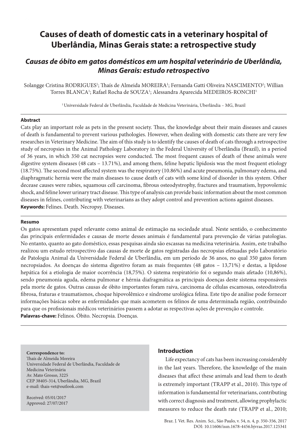 Causes of Death of Domestic Cats in a Veterinary Hospital of Uberlândia, Minas Gerais State: a Retrospective Study