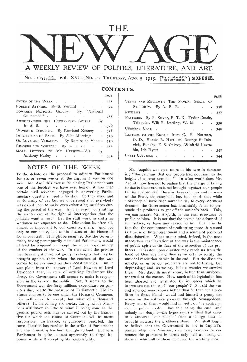 New Age, Vol. 17, No.14, Aug. 5, 1915