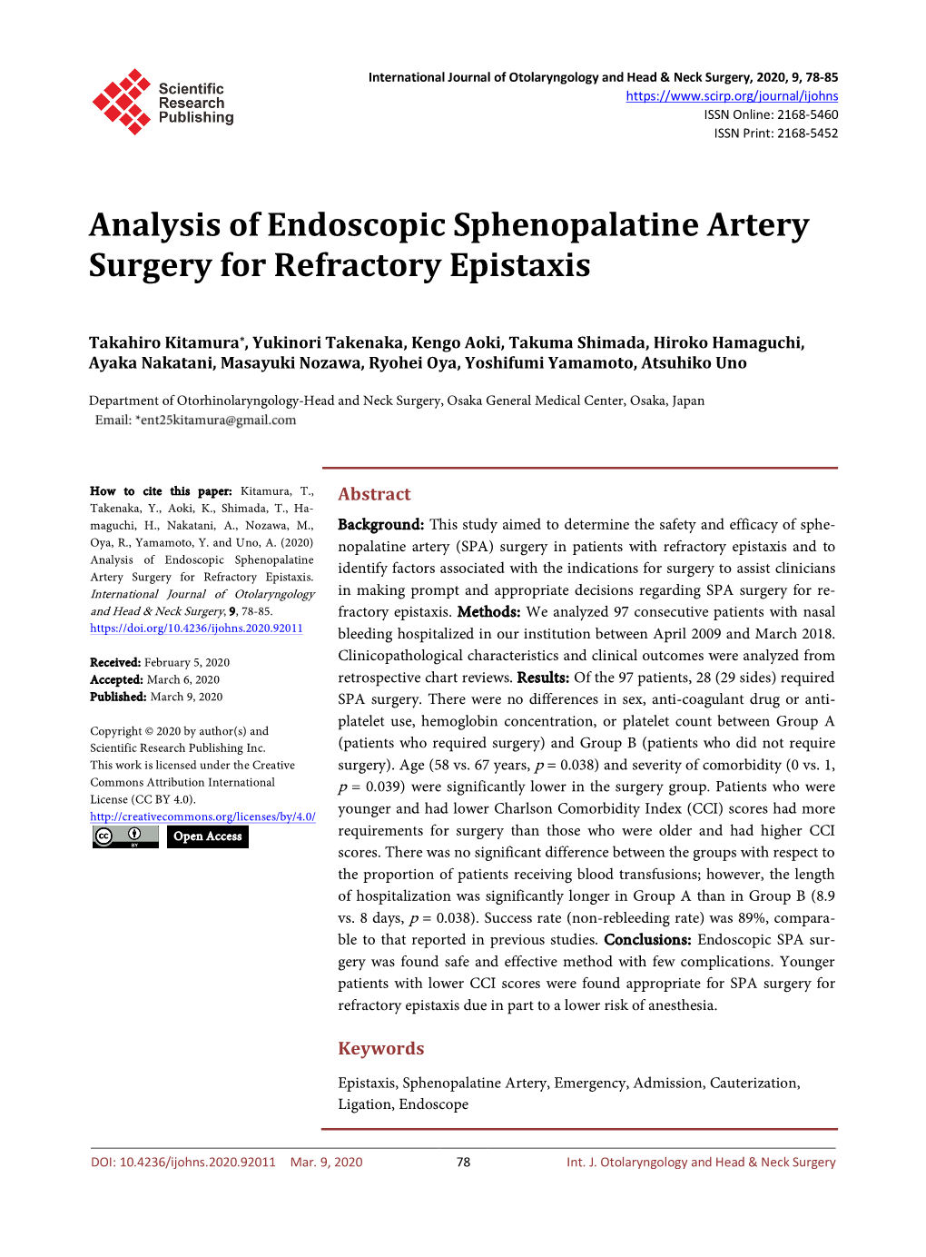 Analysis of Endoscopic Sphenopalatine Artery Surgery for Refractory Epistaxis