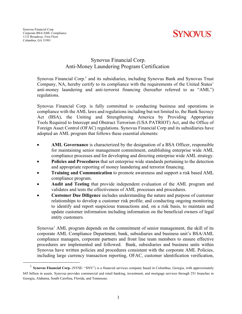 Synovus Financial Corp. Anti-Money Laundering Program Certification
