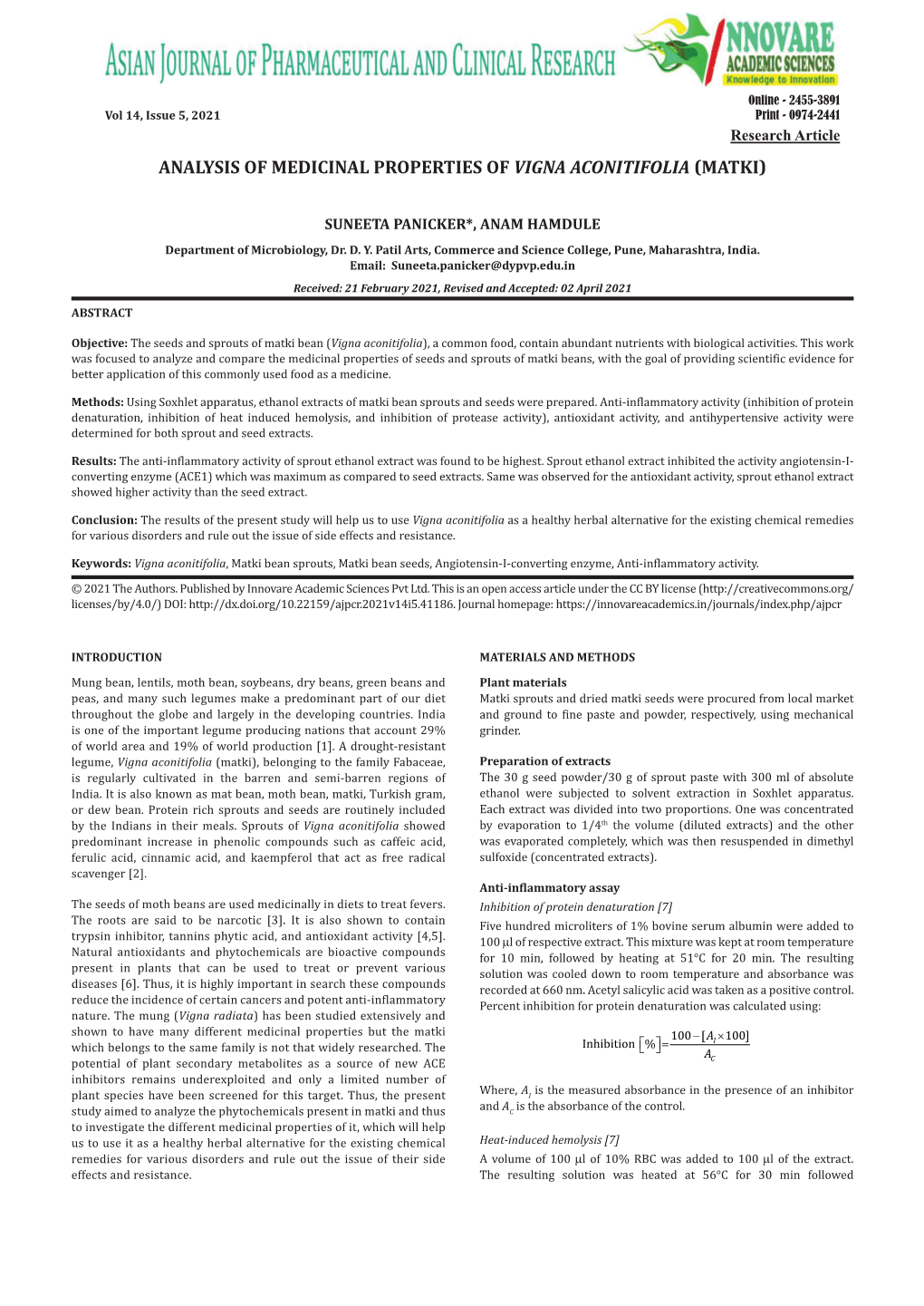 Analysis of Medicinal Properties of Vigna Aconitifolia (Matki)