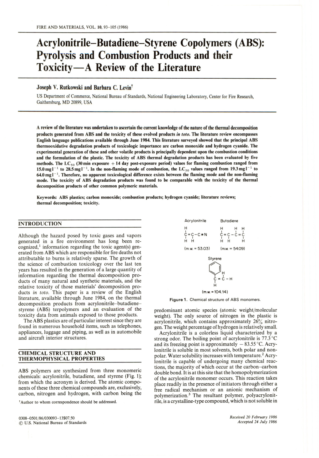 Acrylonitrile-Butadiene-Styrene Copolymers (ABS): Pyrolysis and Combustion Products and Their Toxicity-A Review of the Literature