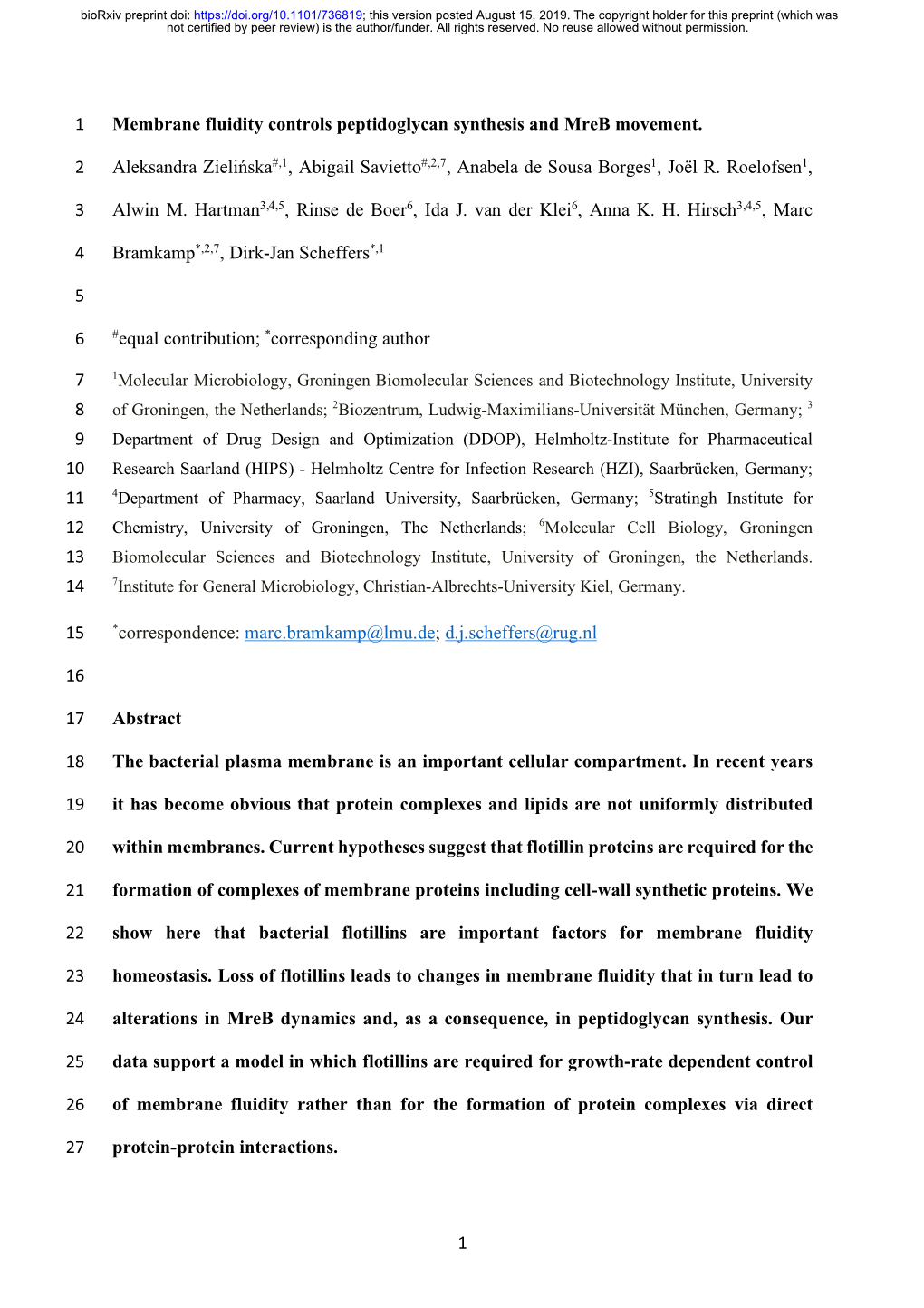 Membrane Fluidity Controls Peptidoglycan Synthesis and Mreb Movement