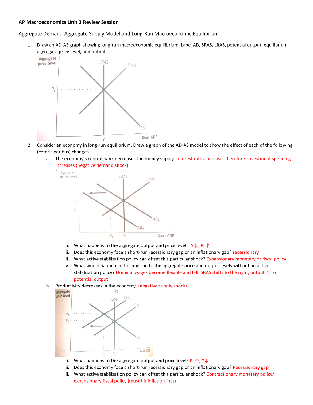 AP Macroeconomics Unit 3 Review Session Aggregate Demand-Aggregate Supply Model and Long-Run Macroeconomic Equilibrium