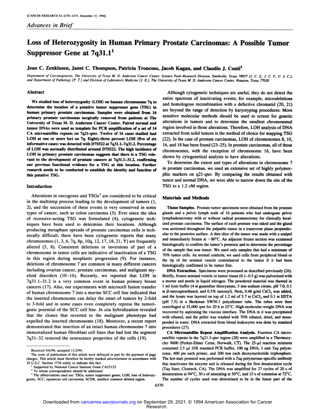 Loss of Heterozygosity in Human Primary Prostate Carcinomas: a Possible Tumor Suppressor Gene at 7Q31.11