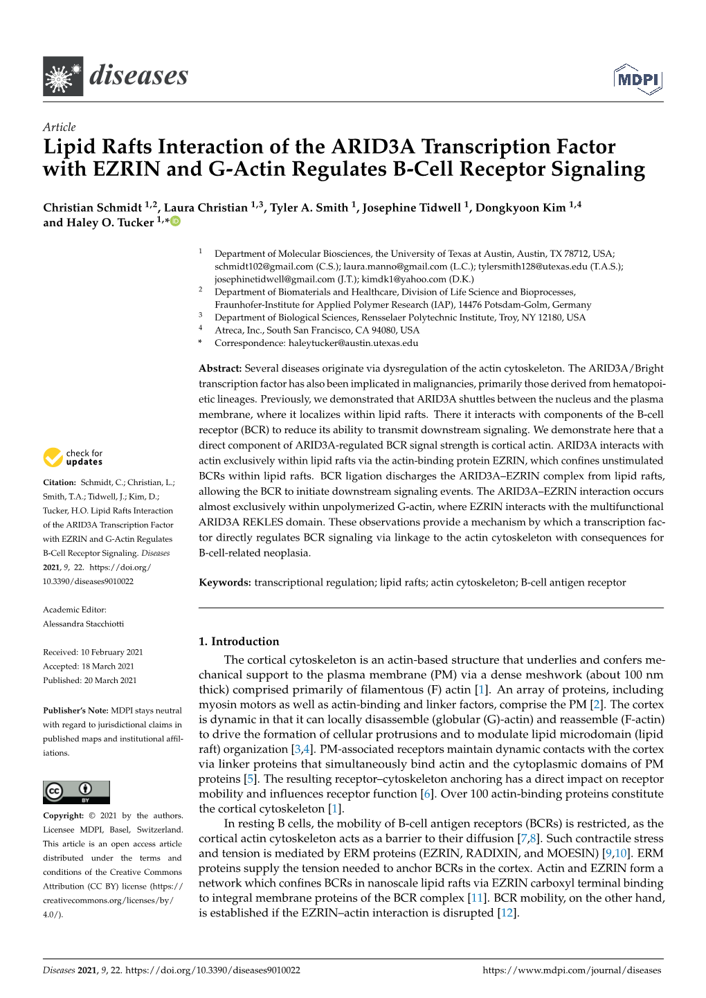 Lipid Rafts Interaction of the ARID3A Transcription Factor with EZRIN and G-Actin Regulates B-Cell Receptor Signaling