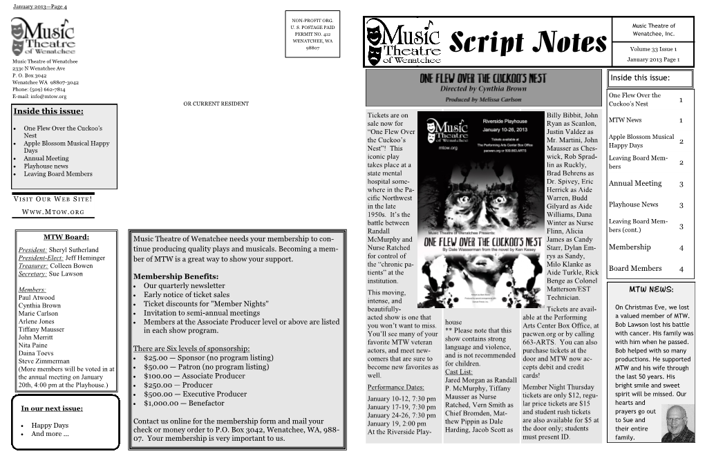 Script Notes Volume 33 Issue 1 Music Theatre of Wenatchee January 2013 Page 1 233C N Wenatchee Ave P