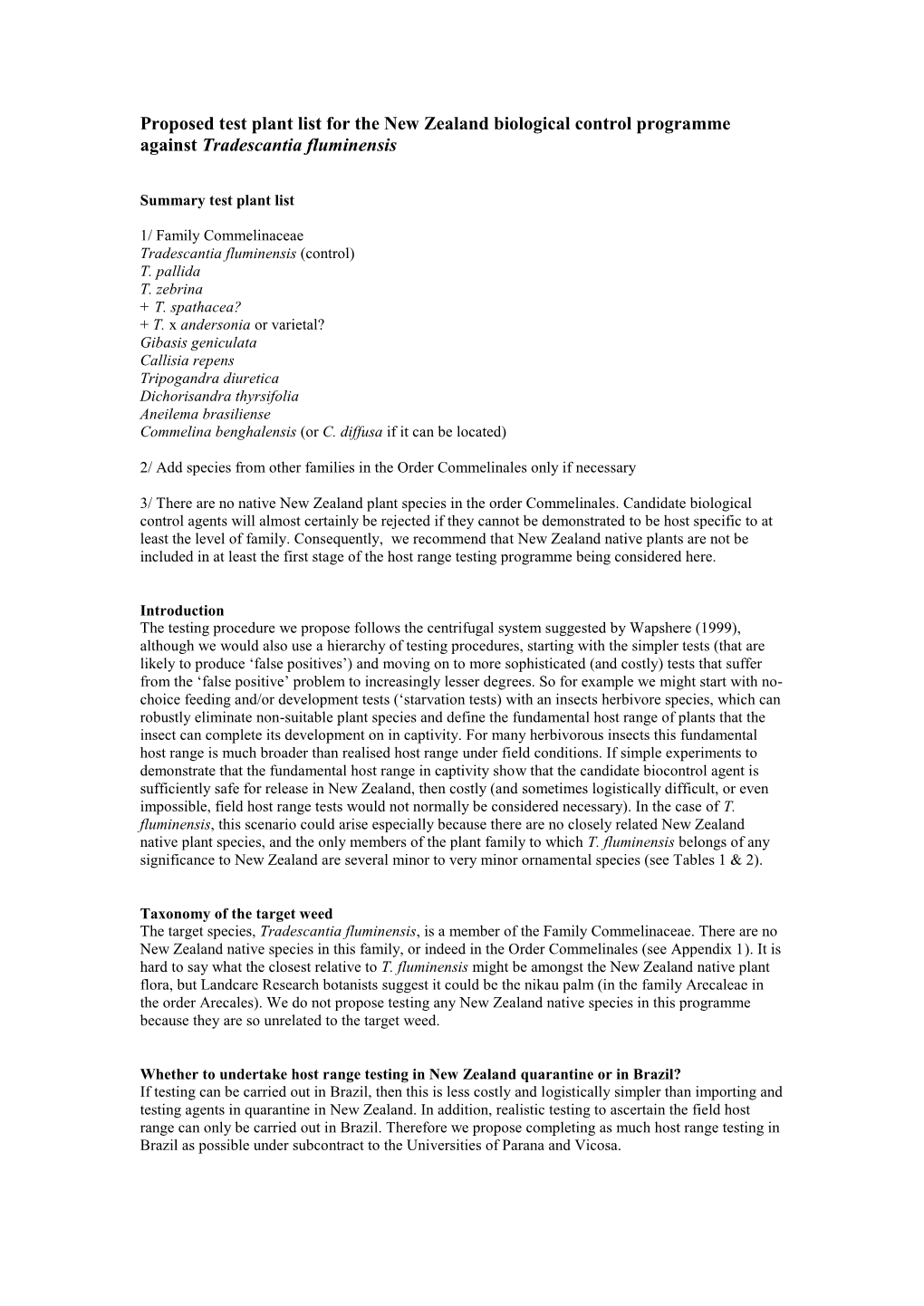 Test Plant List Selection Rationale