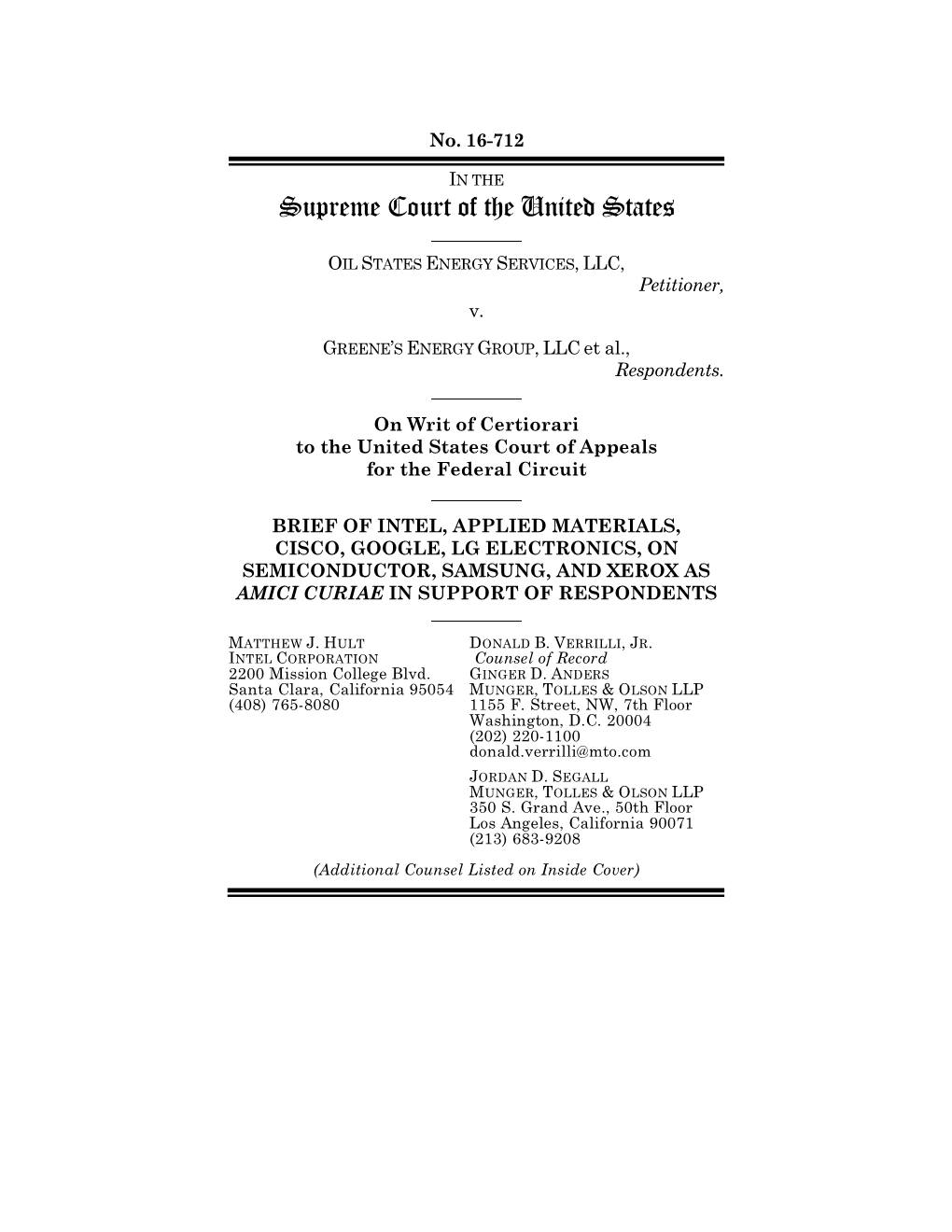 Brief of Intel, Applied Materials, Cisco, Google, Lg Electronics, on Semiconductor, Samsung, and Xerox As Amici Curiae in Support of Respondents