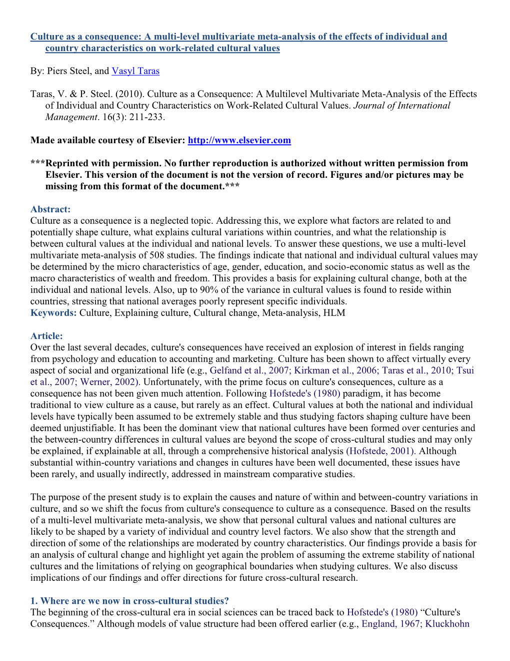 Culture As a Consequence: a Multilevel Multivariate Meta-Analysis of the Effects of Individual and Country Characteristics on Work-Related Cultural Values