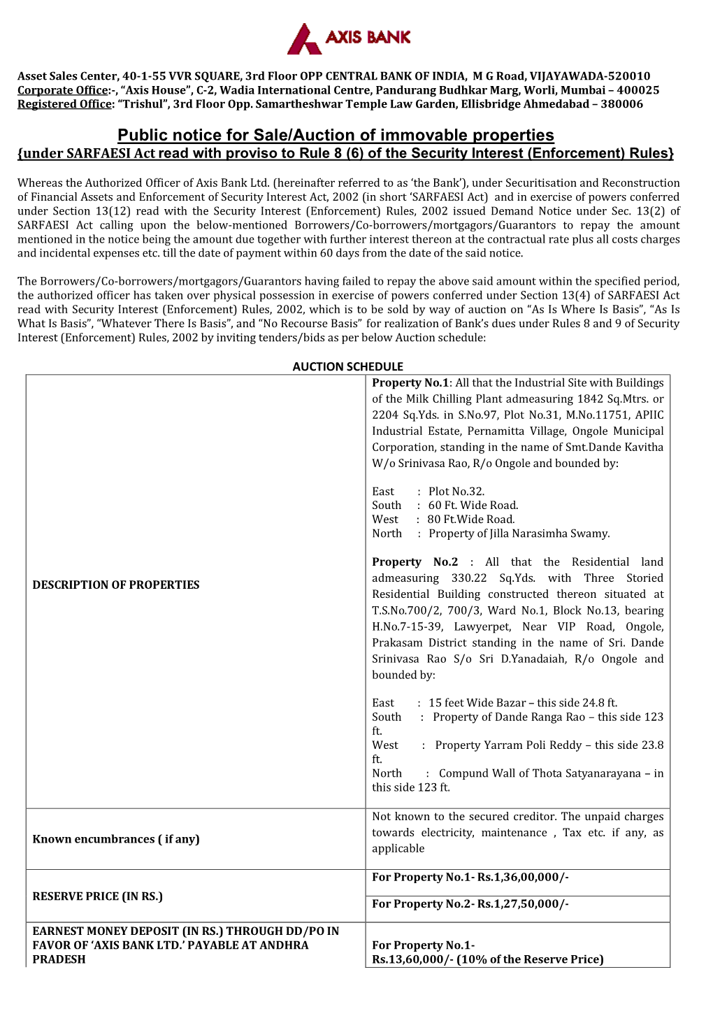 Public Notice for Sale/Auction of Immovable Properties {Under SARFAESI Act Read with Proviso to Rule 8 (6) of the Security Interest (Enforcement) Rules}