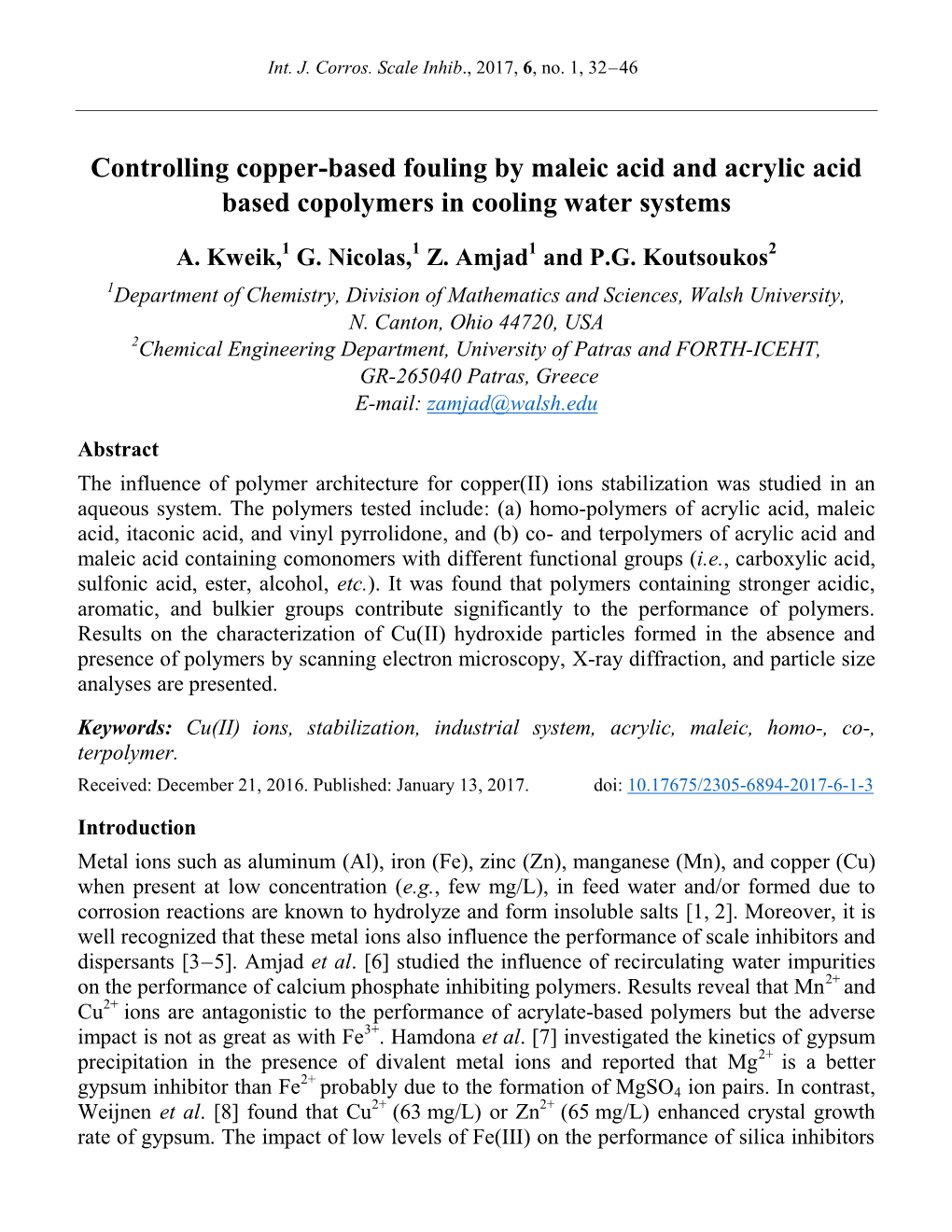 Controlling Copper-Based Fouling by Maleic Acid and Acrylic Acid Based Copolymers in Cooling Water Systems