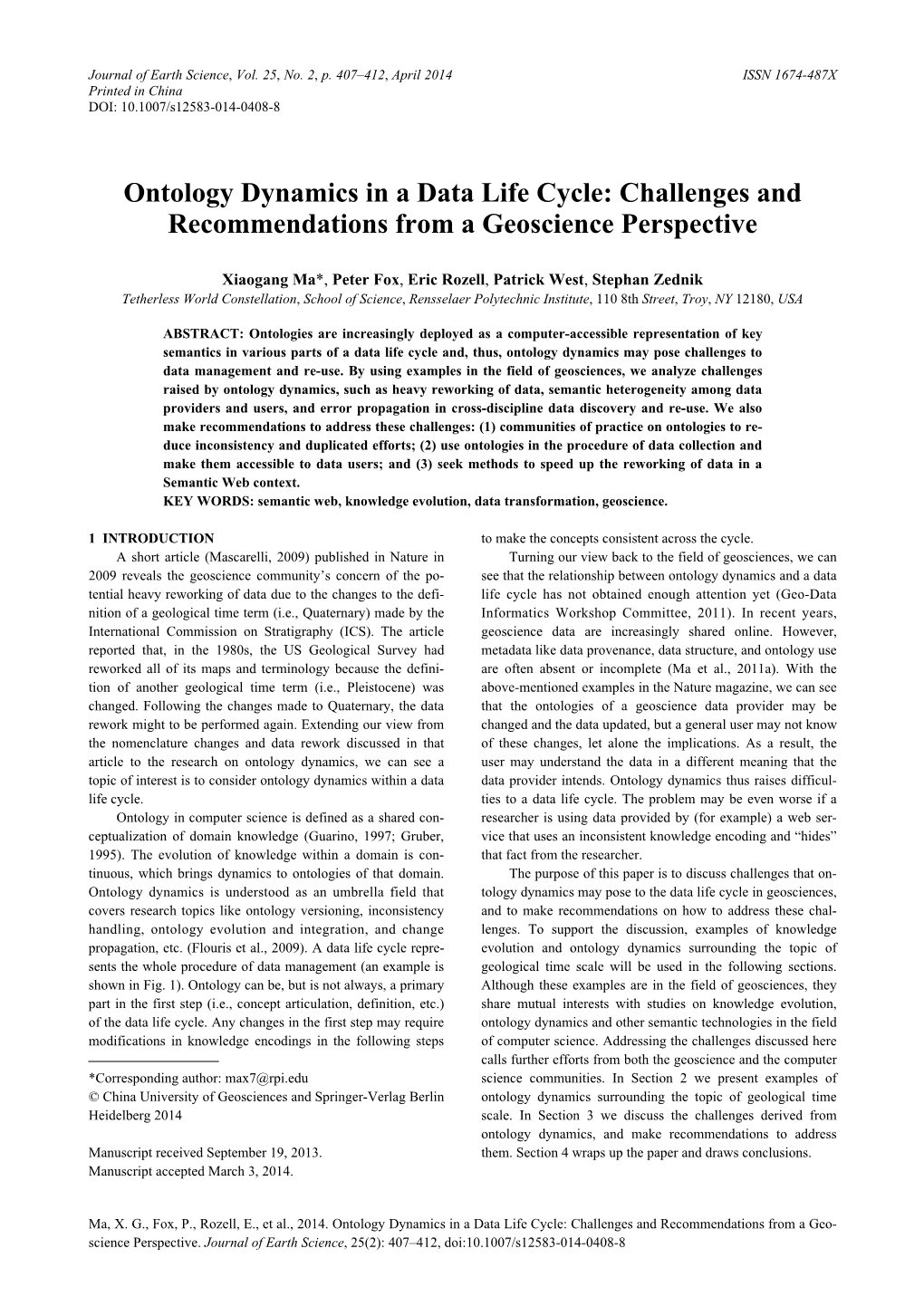 Ontology Dynamics in a Data Life Cycle: Challenges and Recommendations from a Geoscience Perspective