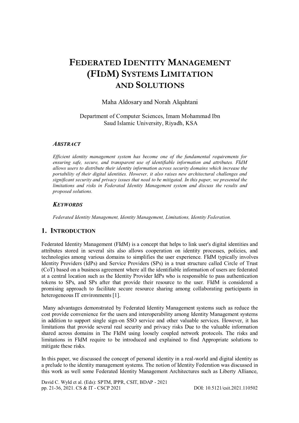 Federated Identity Management (Fidm) Systems Limitation and Solutions