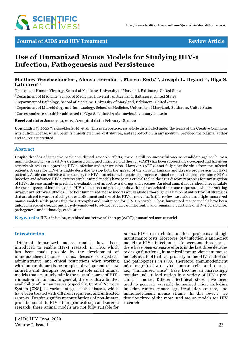 Use of Humanized Mouse Models for Studying HIV-1 Infection, Pathogenesis and Persistence