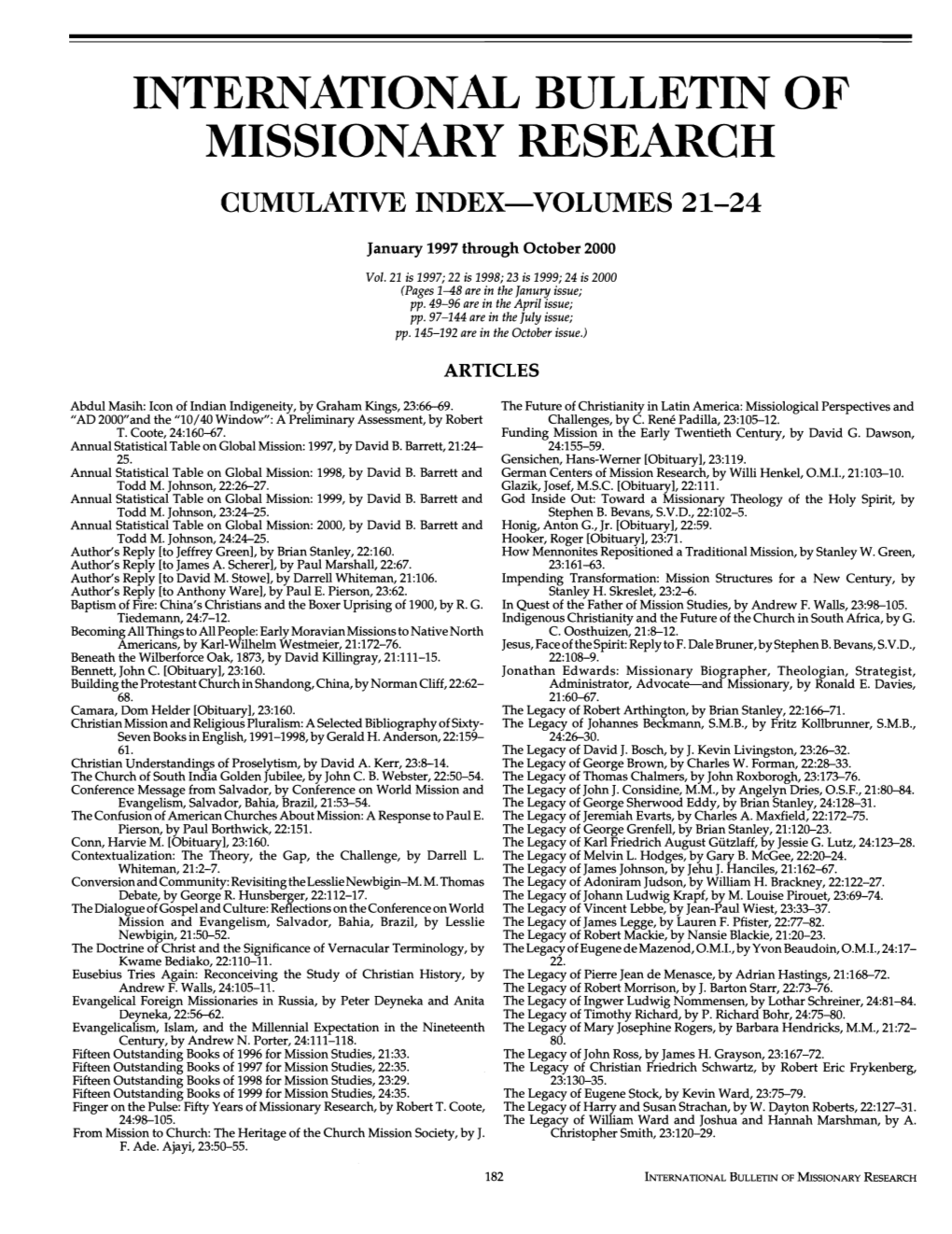 International Bulletin of Missionary Research Cumulative Index-Volumes 21-24