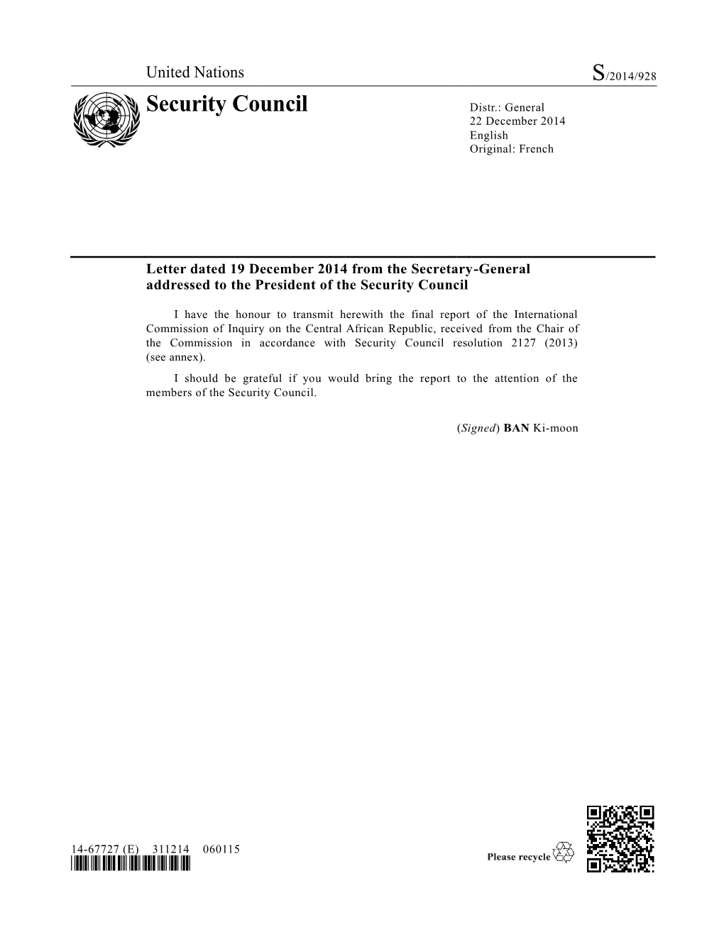 Security Council Distr.: General 22 December 2014 English Original: French