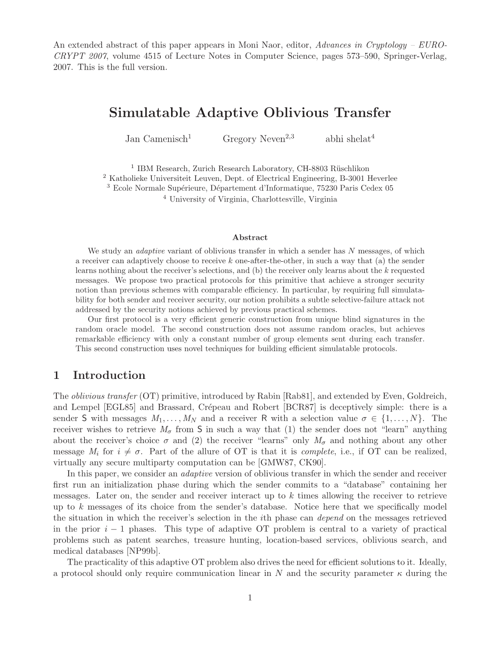 Simulatable Adaptive Oblivious Transfer