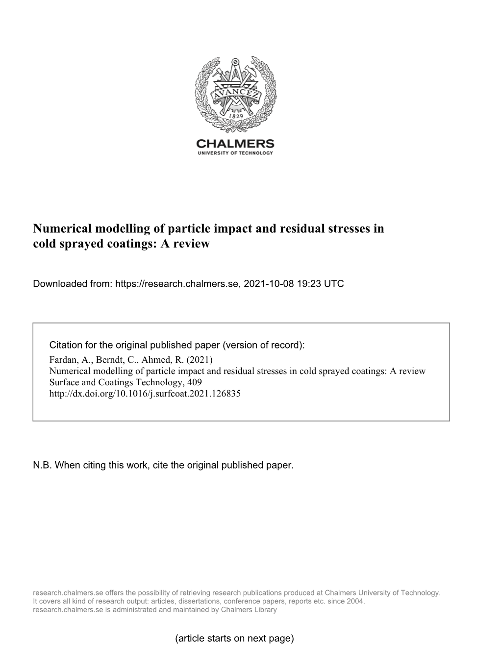 Numerical Modelling of Particle Impact and Residual Stresses in Cold Sprayed Coatings: a Review