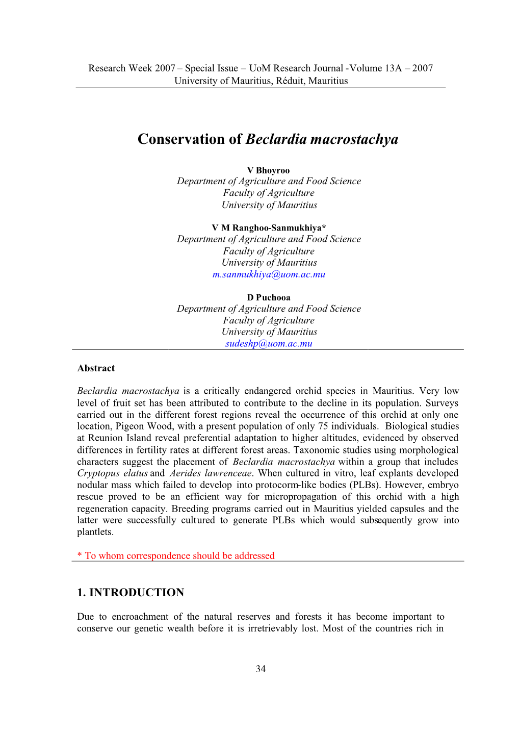 Conservation of Beclardia Macrostachya