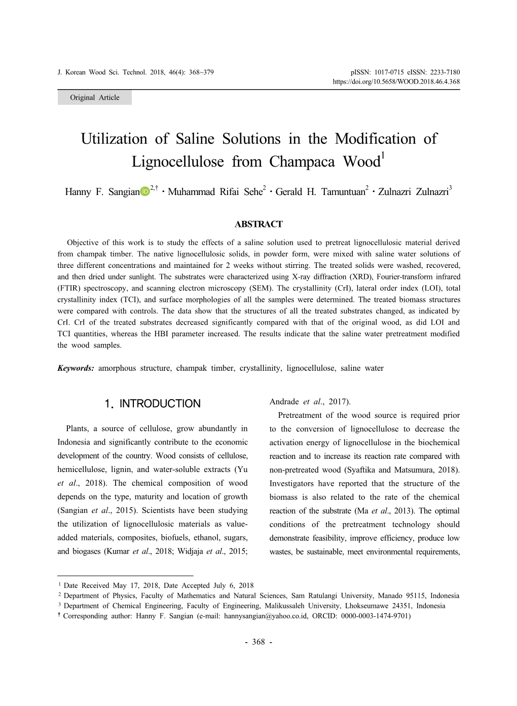 Utilization of Saline Solutions in the Modification of Lignocellulose from Champaca Wood1