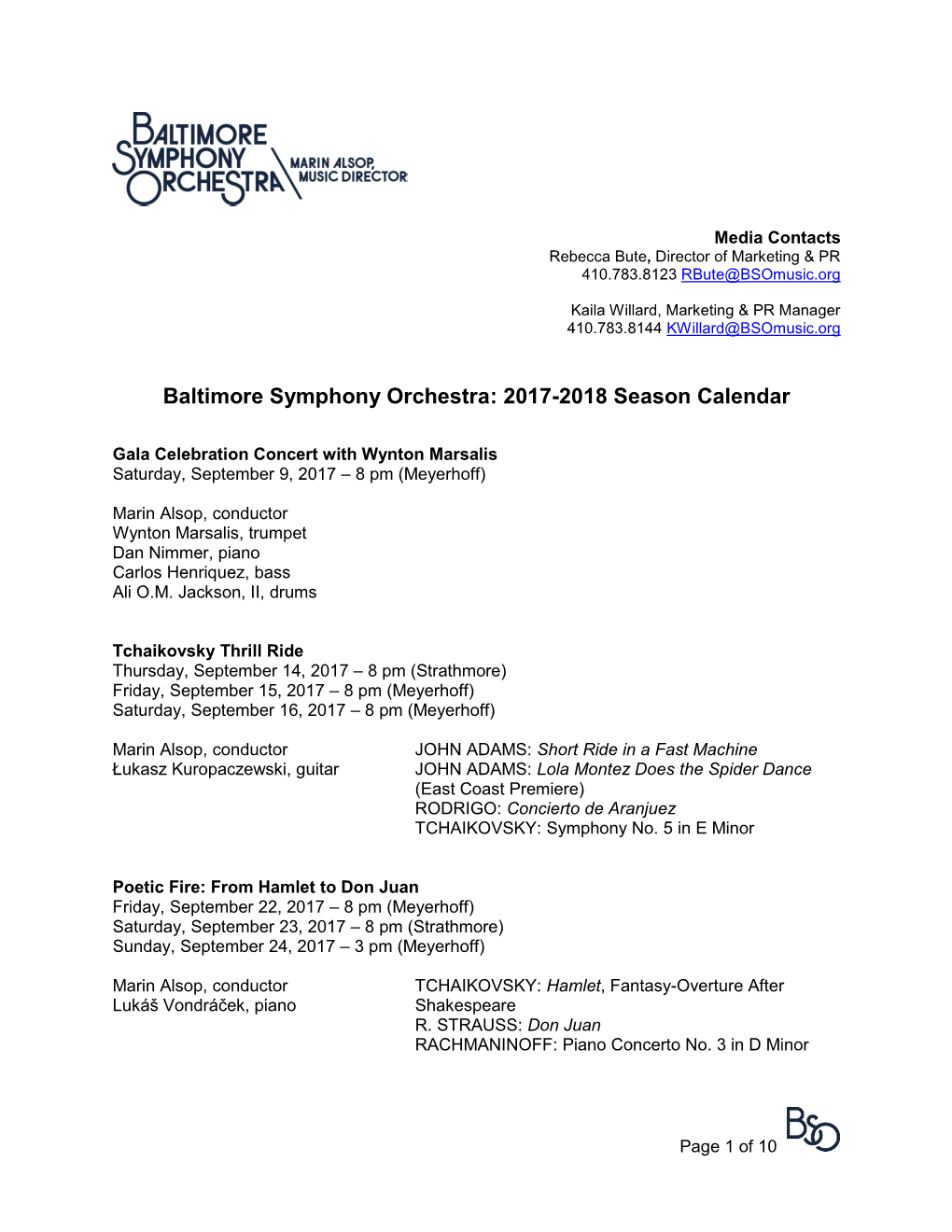 Baltimore Symphony Orchestra: 2017-2018 Season Calendar
