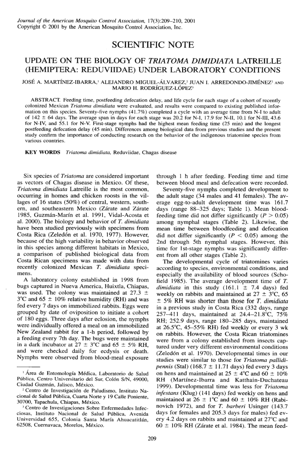 Scientific Note Update on the Biology of Triatoma Dimidiata Latreille (Hemiptera: Reduviidae) Under Laboratory Conditions