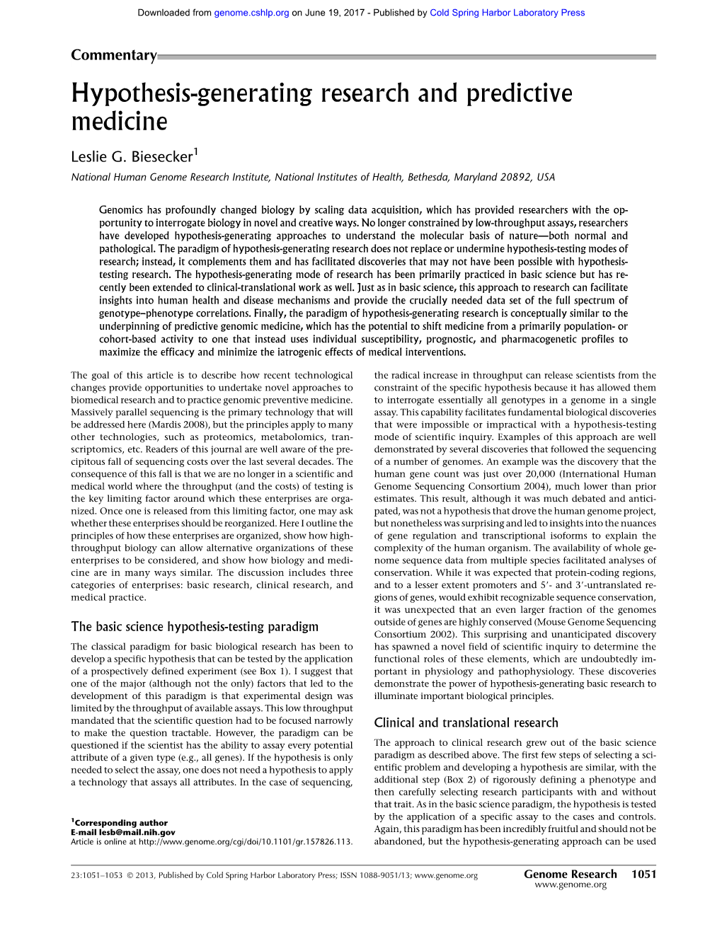 Hypothesis-Generating Research and Predictive Medicine