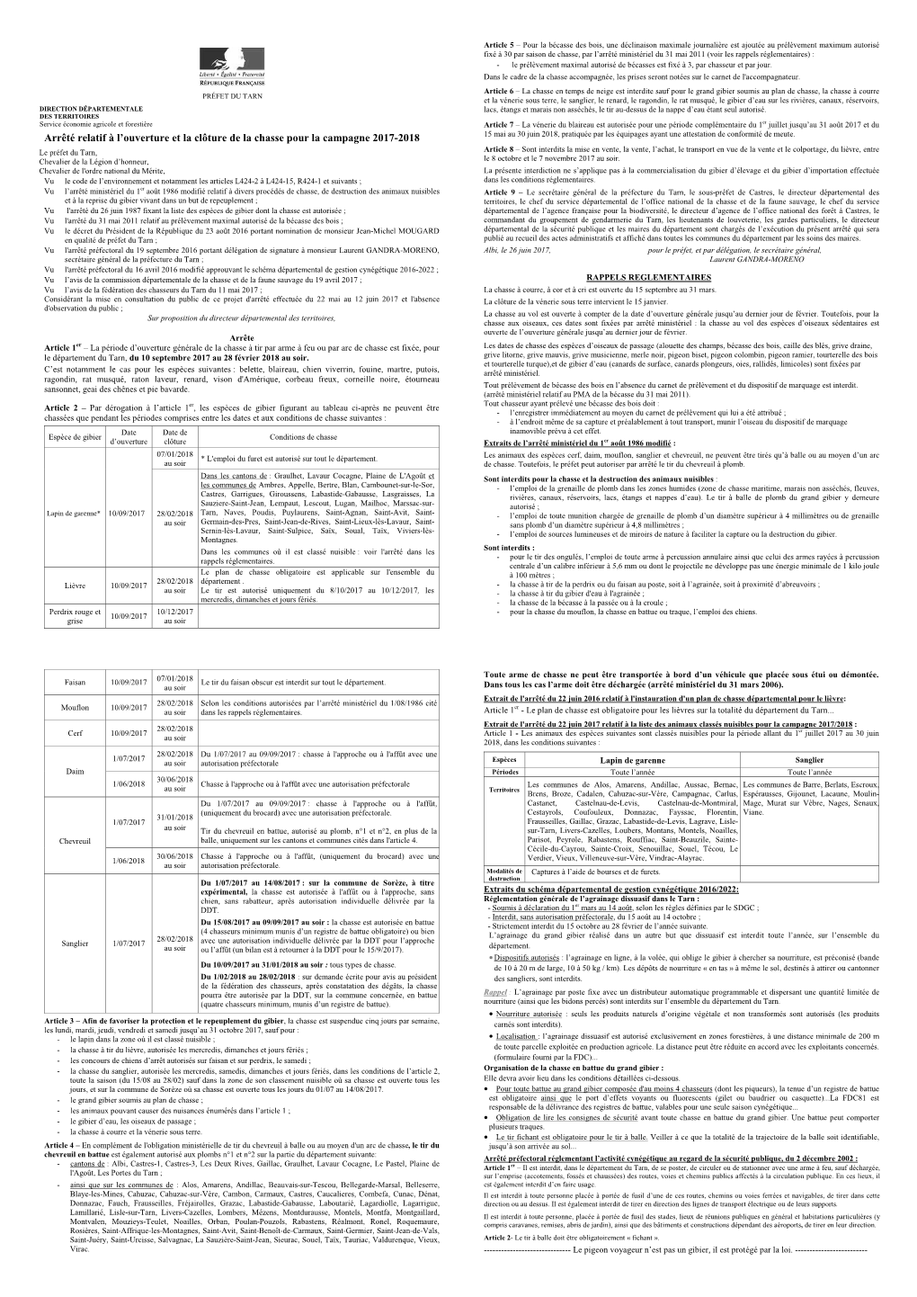 Arrêté Relatif À L'ouverture Et La Clôture De La Chasse Pour La Campagne