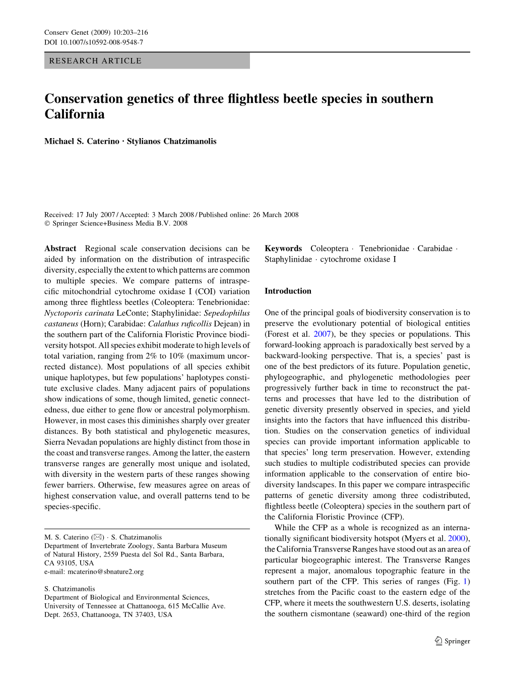 Conservation Genetics of Three Flightless Beetle Species in Southern California