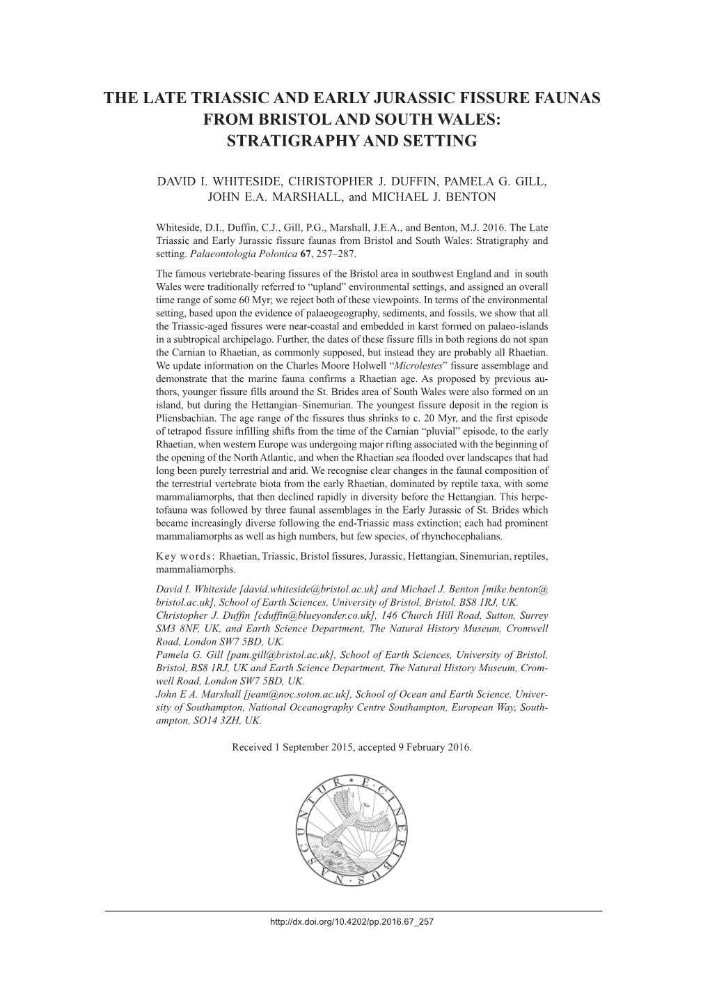 THE LATE TRIASSIC and EARLY JURASSIC FISSURE FAUNAS from BRISTOL and SOUTH WALES -.: Palaeontologia Polonica