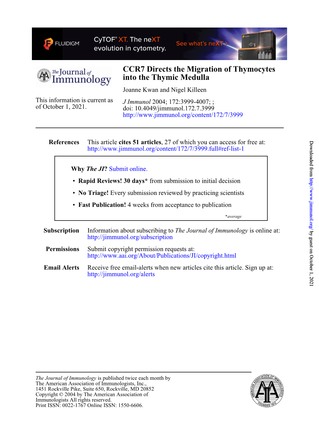 Into the Thymic Medulla CCR7 Directs the Migration of Thymocytes