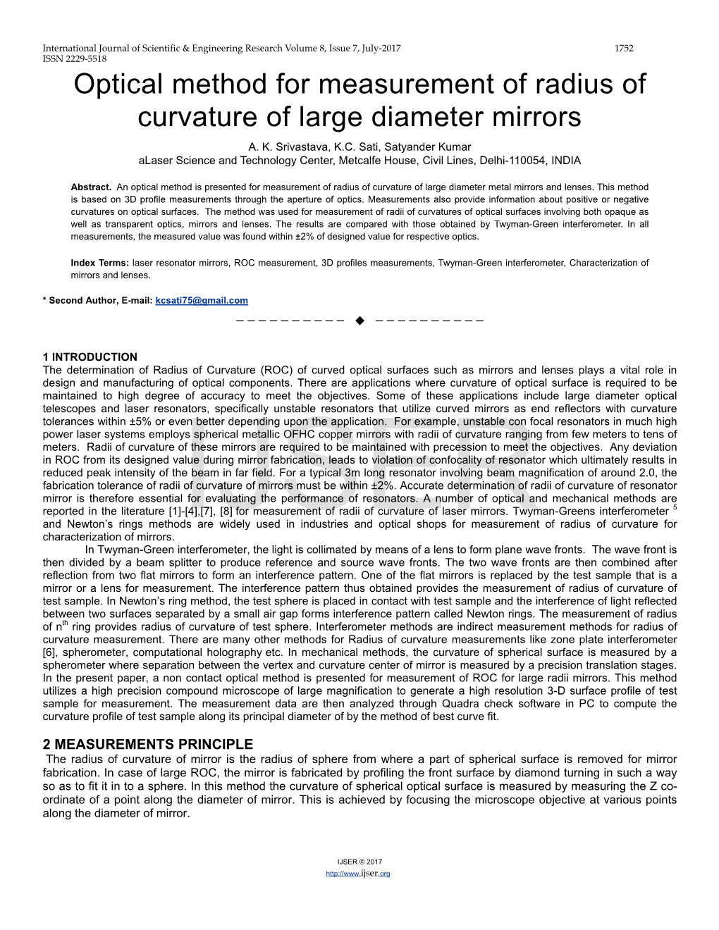 Optical Method for Measurement of Radius of Curvature of Large Diameter Mirrors A