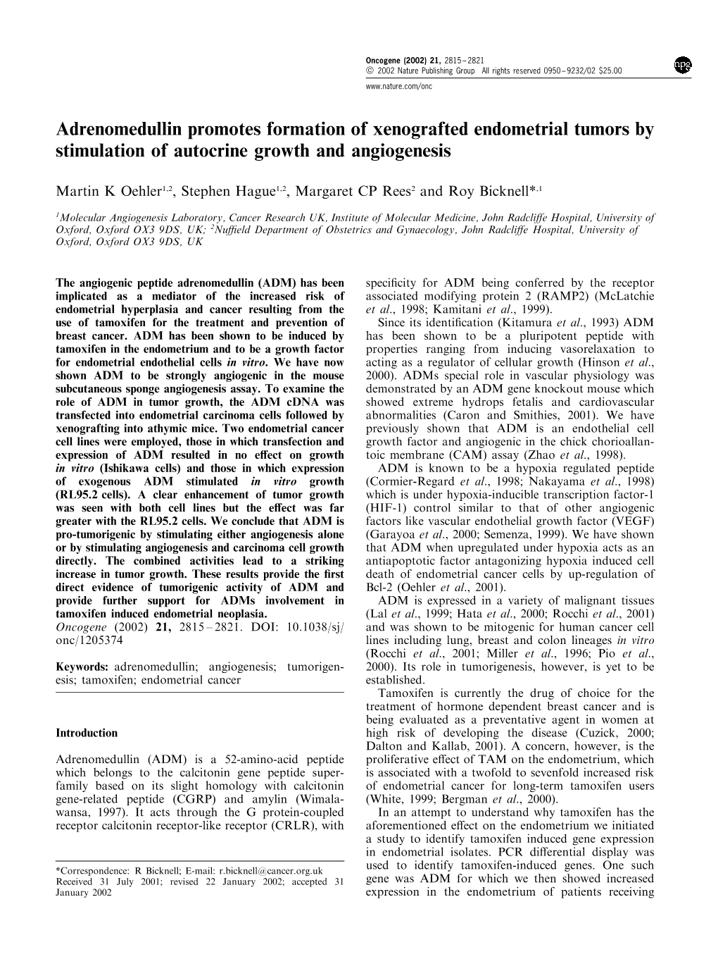 Adrenomedullin Promotes Formation of Xenografted Endometrial Tumors by Stimulation of Autocrine Growth and Angiogenesis