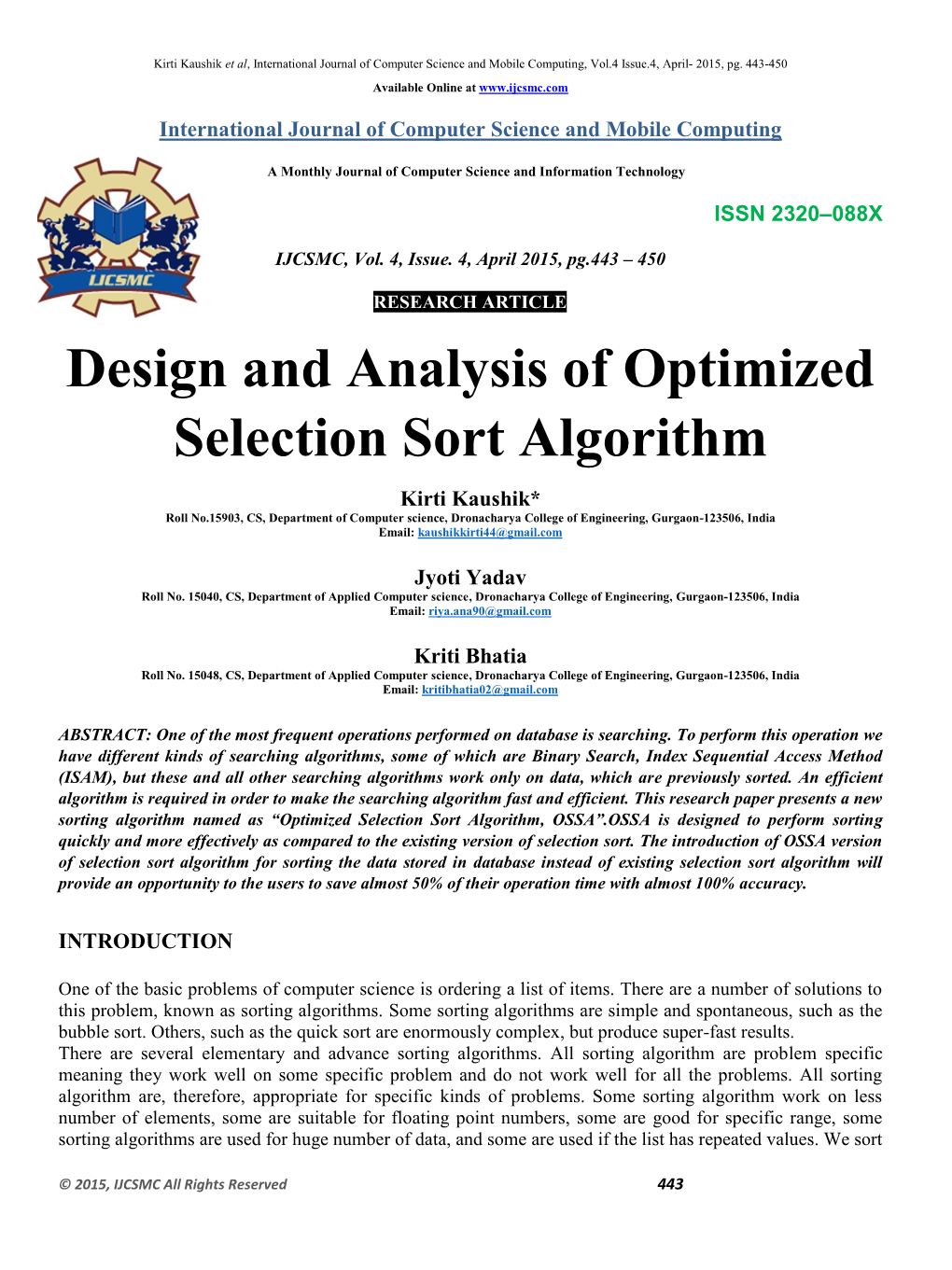 Design and Analysis of Optimized Selection Sort Algorithm