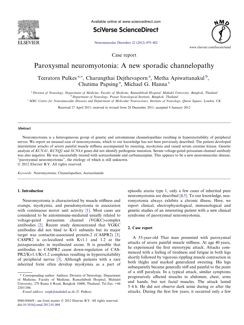 Paroxysmal Neuromyotonia: a New Sporadic Channelopathy