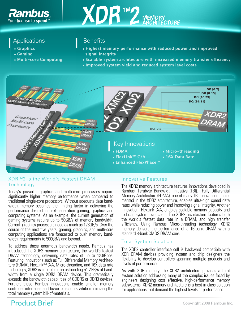 XDR2 Memory Architecture Features Innovations Developed in Today’S Powerful Graphics and Multi-Core Processors Require Rambus’ Terabyte Bandwidth Initiative (TBI)