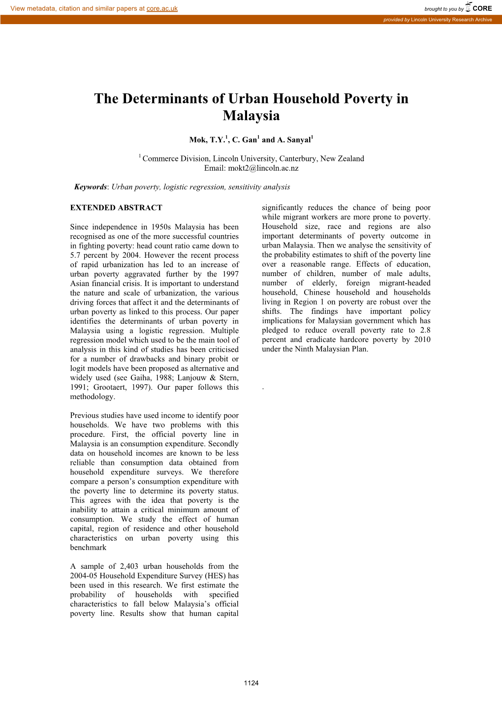 The Determinants of Urban Household Poverty in Malaysia
