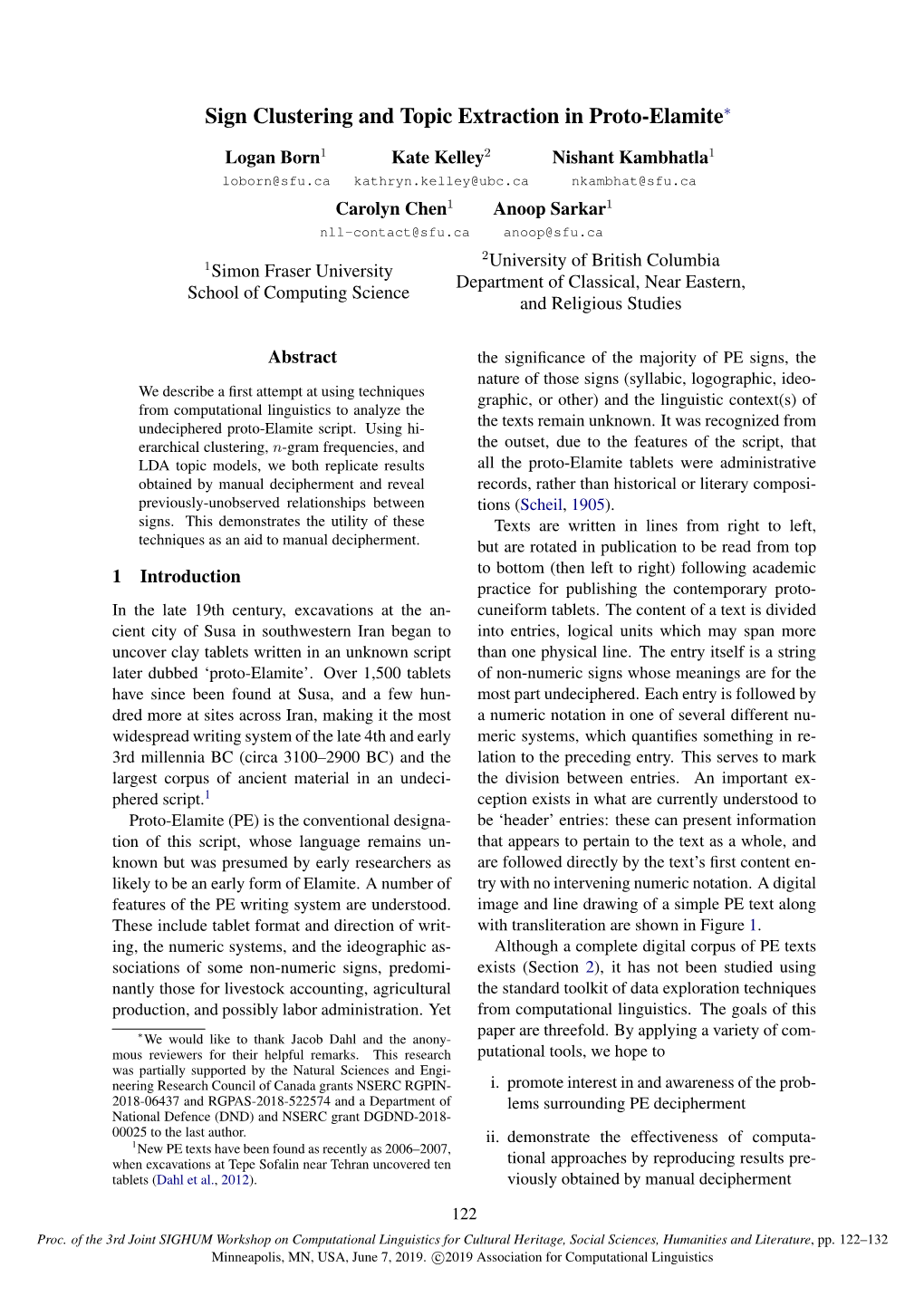 Sign Clustering and Topic Extraction in Proto-Elamite∗