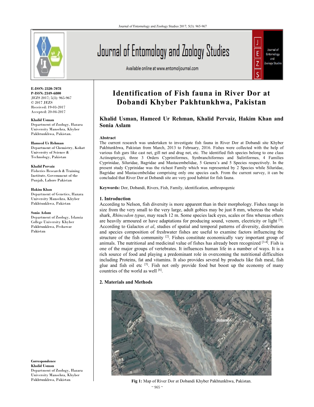 Identification of Fish Fauna in River Dor at Dobandi Khyber Pakhtunkhwa, Pakistan