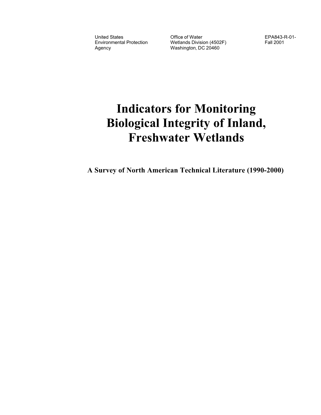 Indicators for Monitoring Biological Integrity of Inland, Freshwater Wetlands