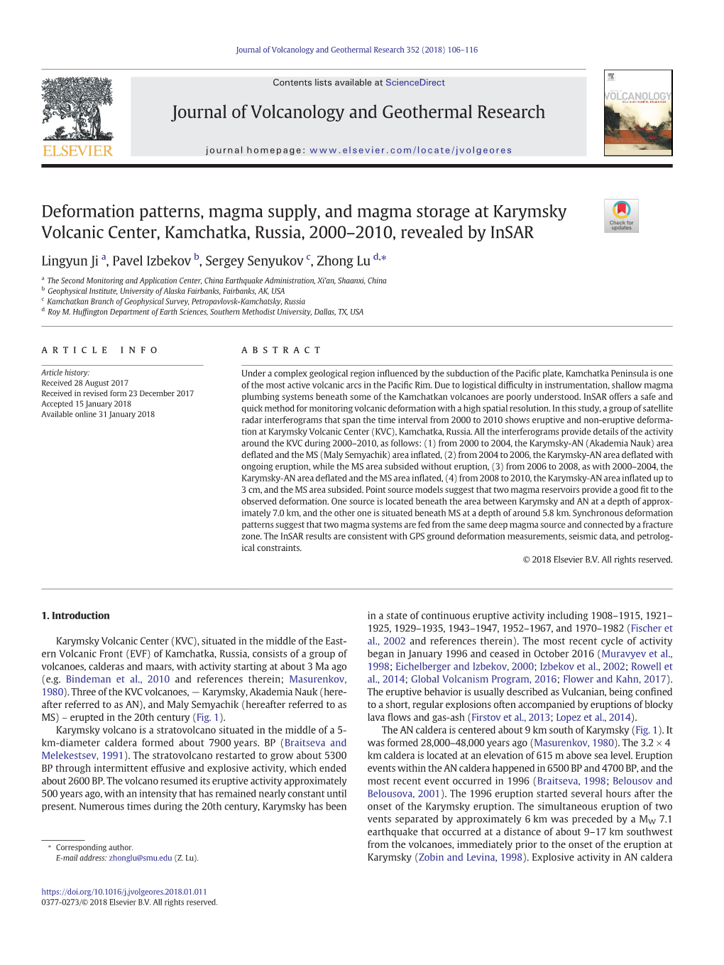 Deformation Patterns, Magma Supply, and Magma Storage at Karymsky Volcanic Center, Kamchatka, Russia, 2000–2010, Revealed by Insar