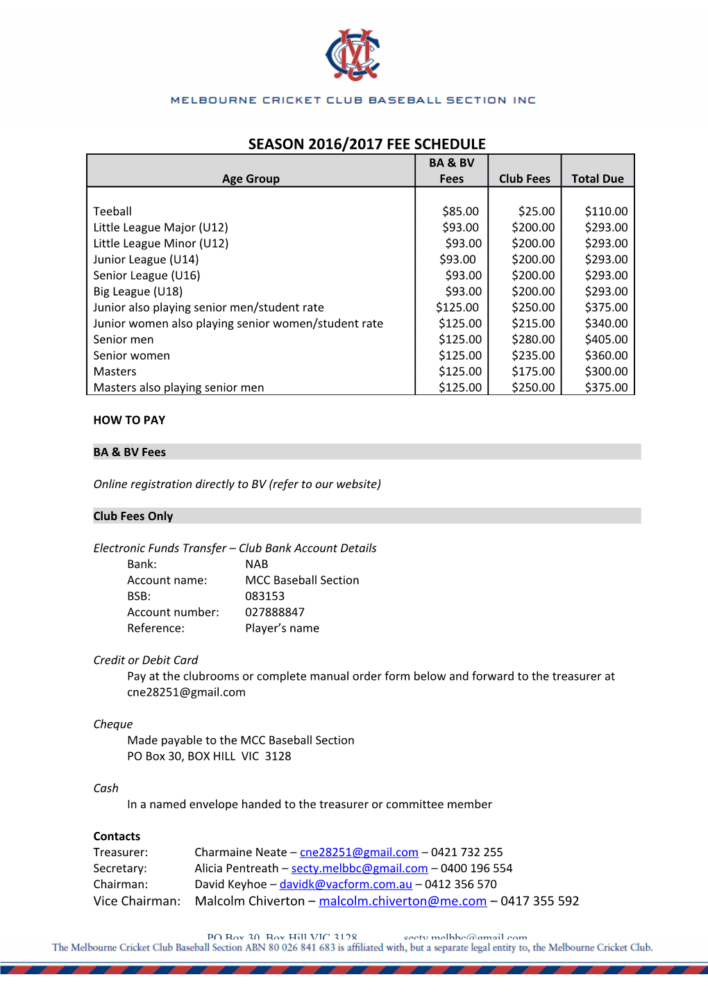 Season 2016/2017 Fee Schedule