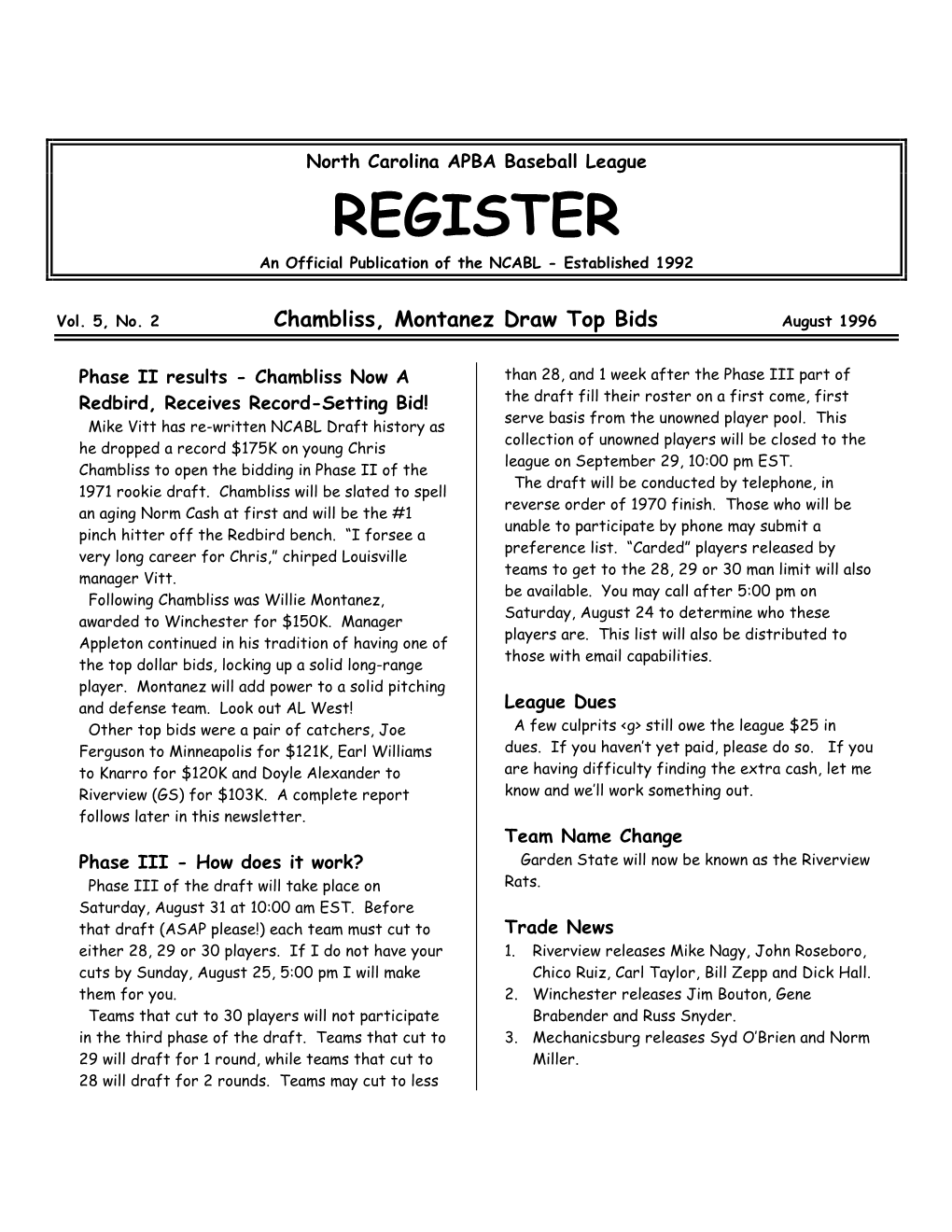 REGISTER an Official Publication of the NCABL - Established 1992