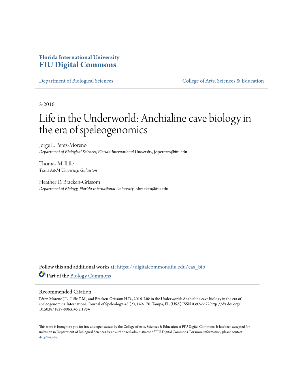 Anchialine Cave Biology in the Era of Speleogenomics Jorge L