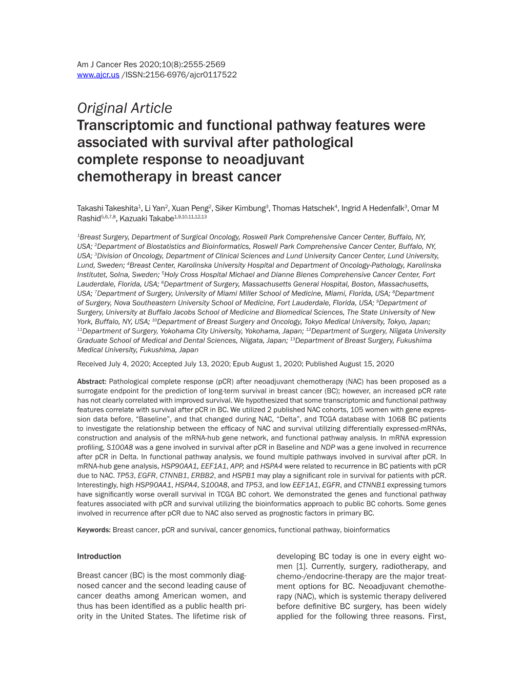 Original Article Transcriptomic and Functional Pathway Features Were